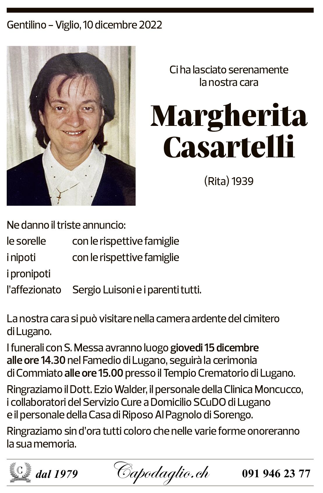 Annuncio funebre Margherita Casartelli