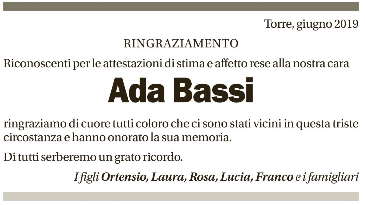 Annuncio funebre Ada Bassi