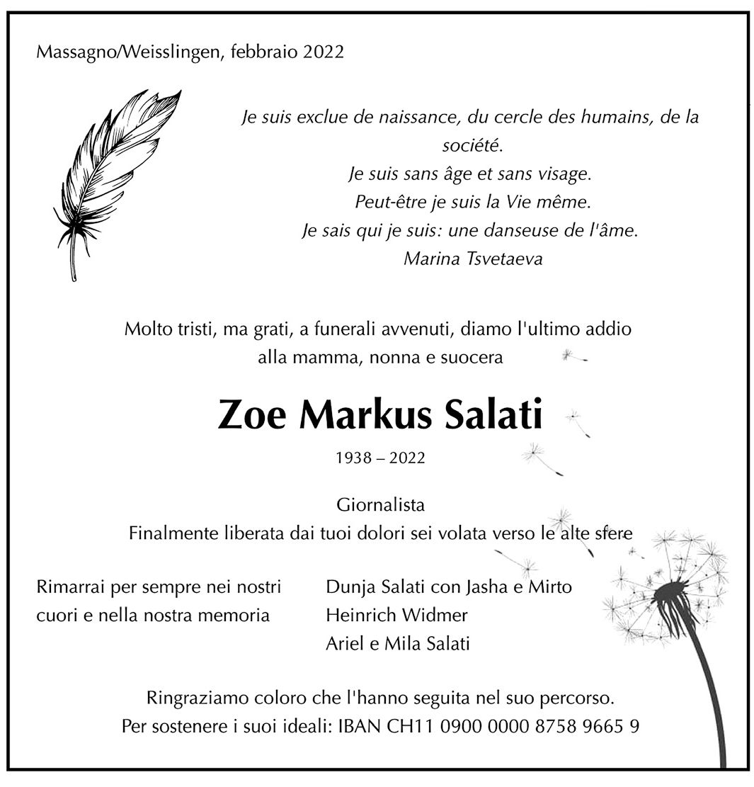 Annuncio funebre Zoe Markus Salati