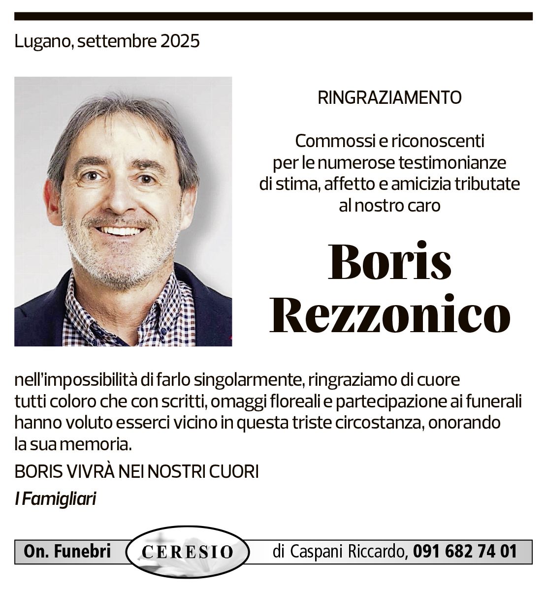 Annuncio funebre Boris Rezzonico
