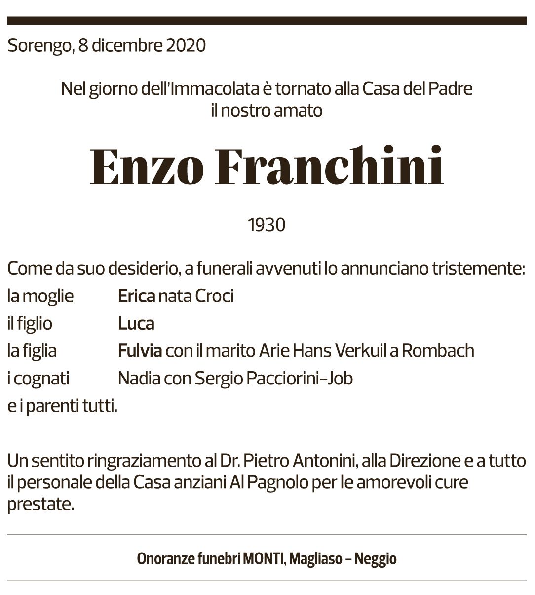 Annuncio funebre Enzo Franchini