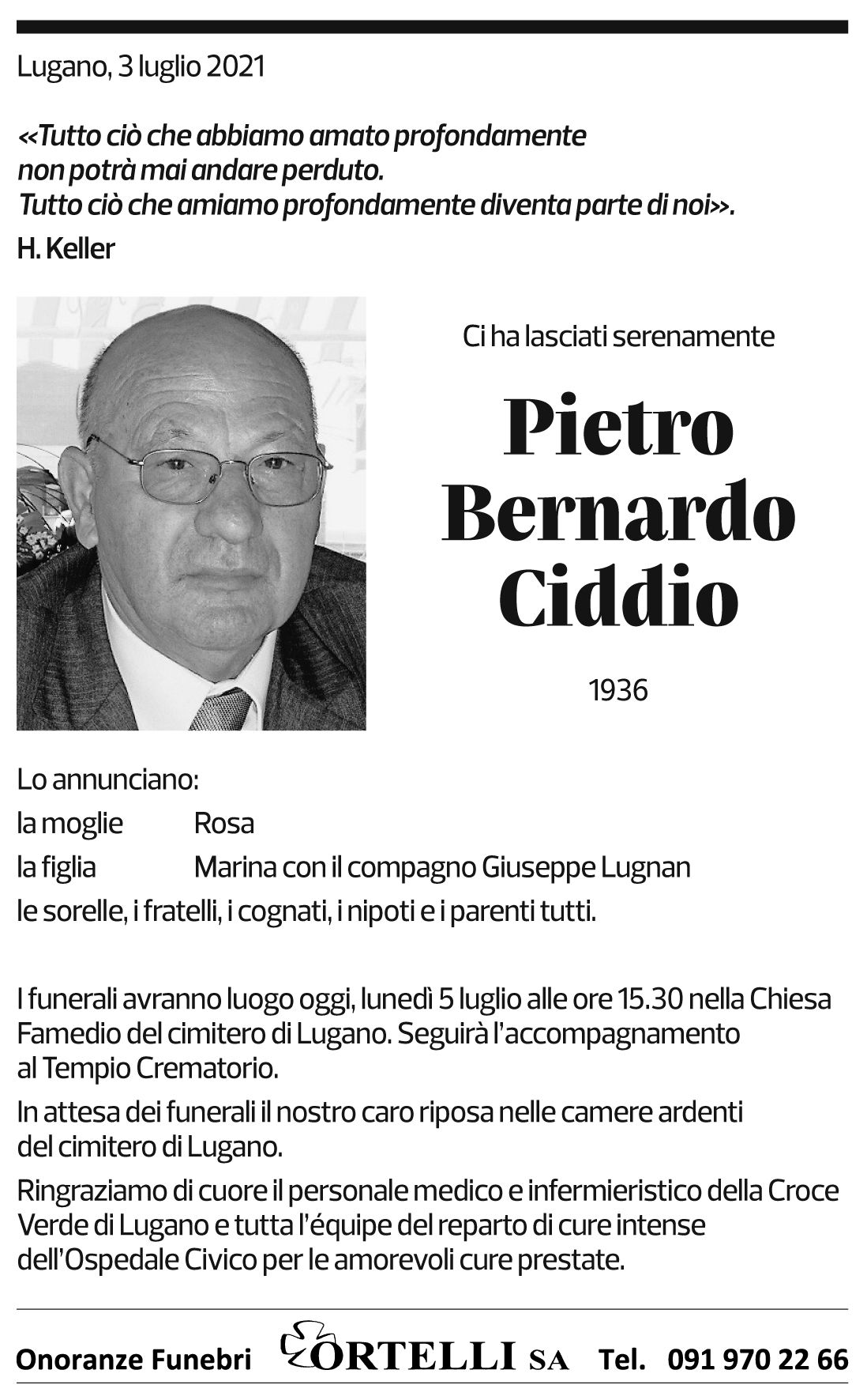 Annuncio funebre Pietro Bernardo Ciddio