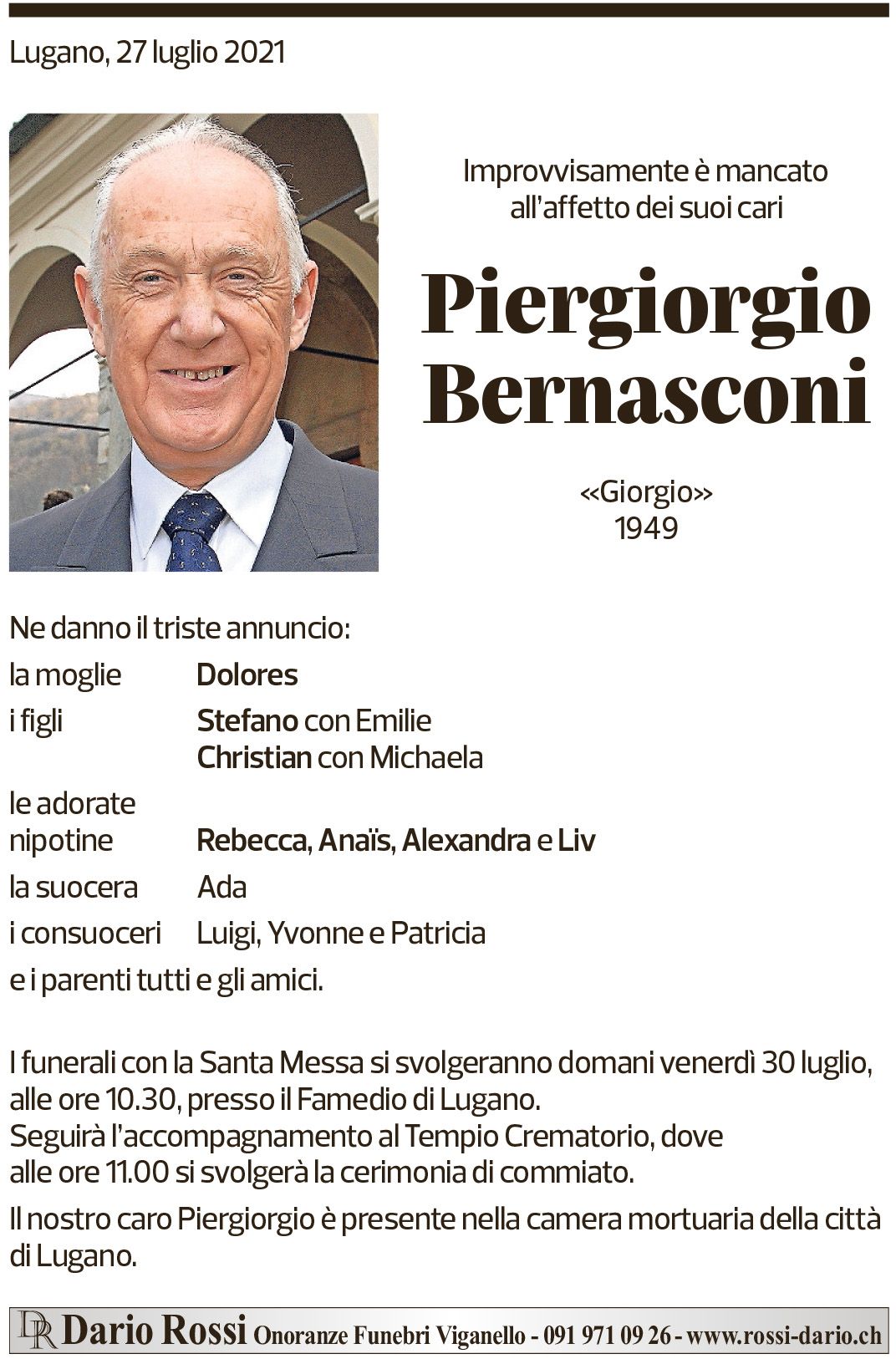 Annuncio funebre Piergiorgio Bernasconi