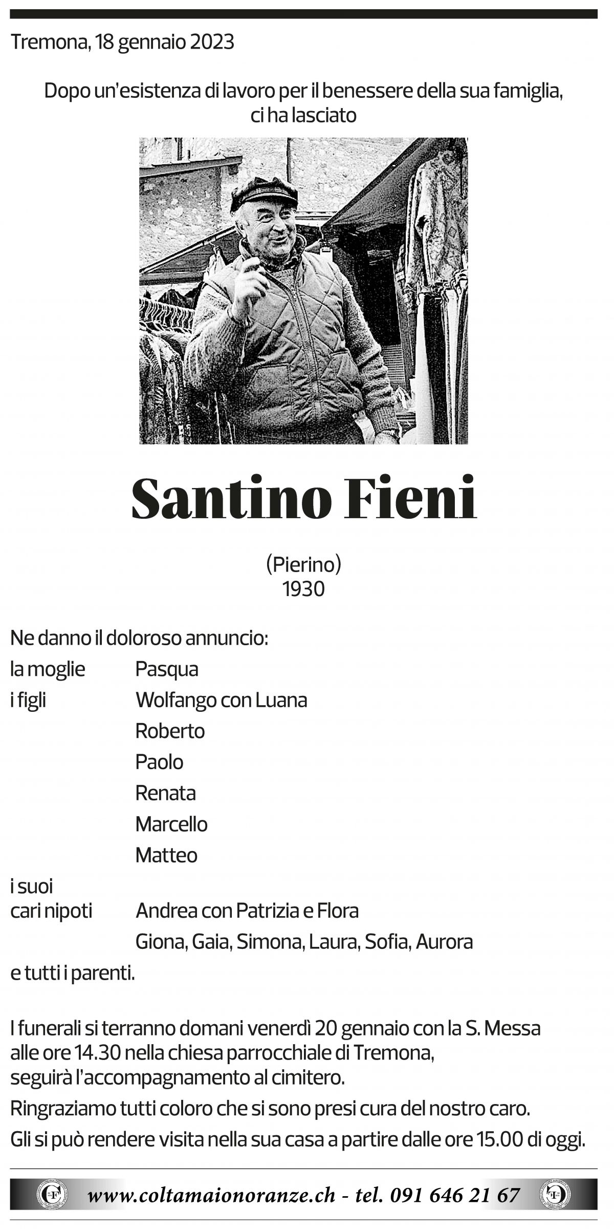 Annuncio funebre Santino Fieni