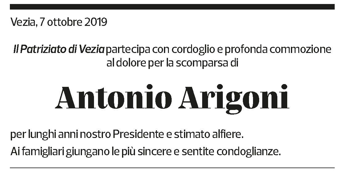 Annuncio funebre Antonio Arigoni