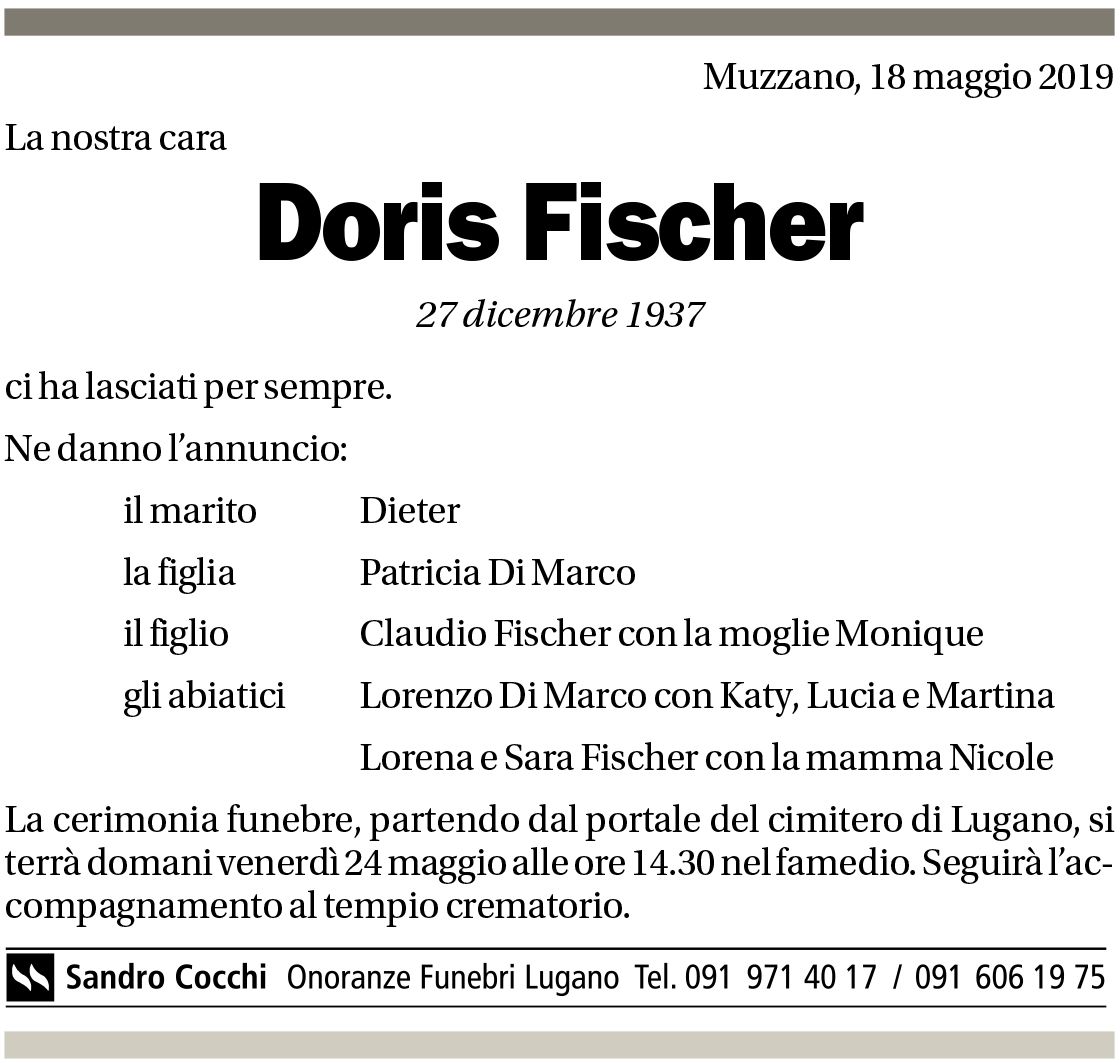 Annuncio funebre Doris Fischer