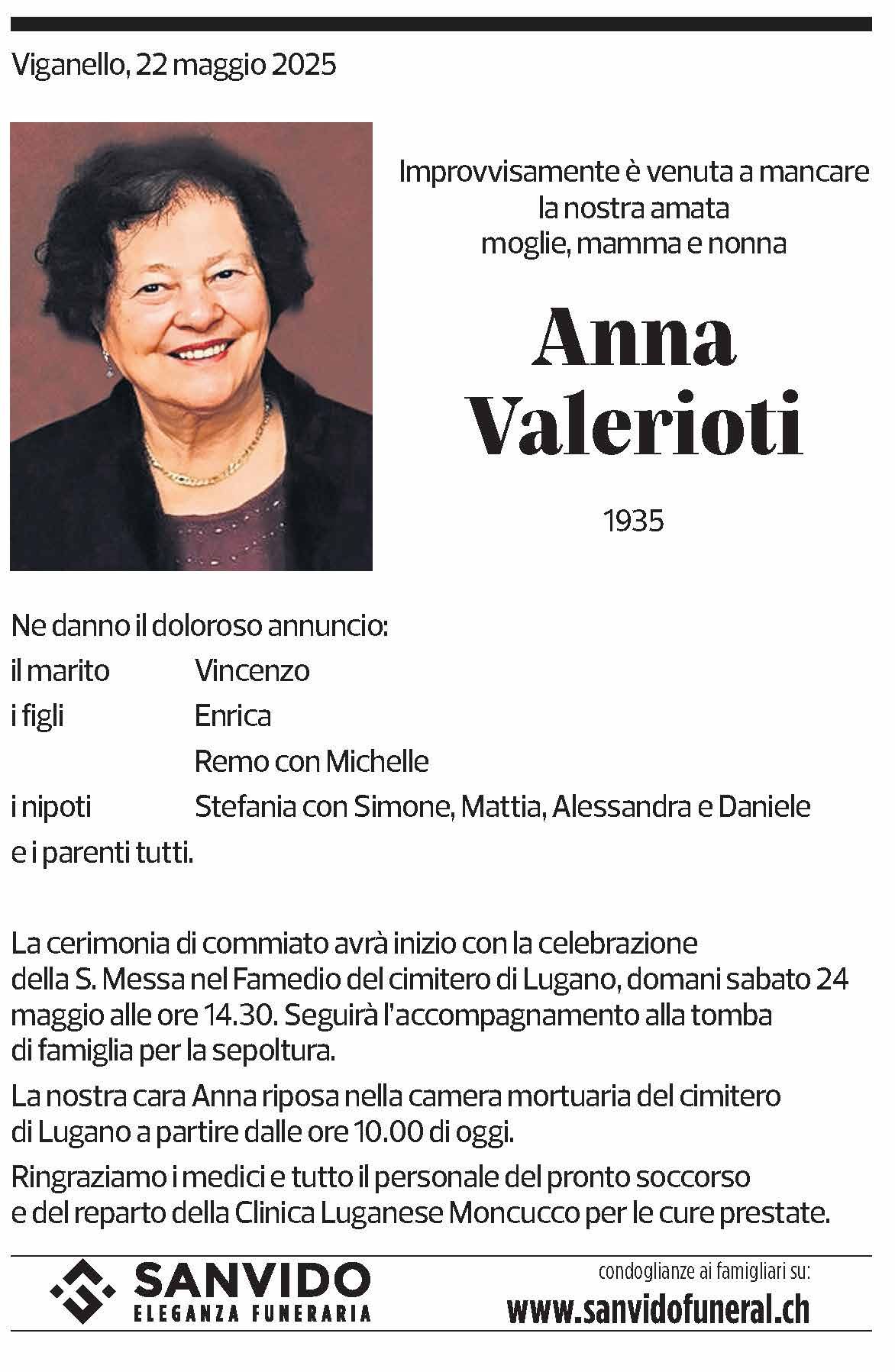 Annuncio funebre Anna Valerioti