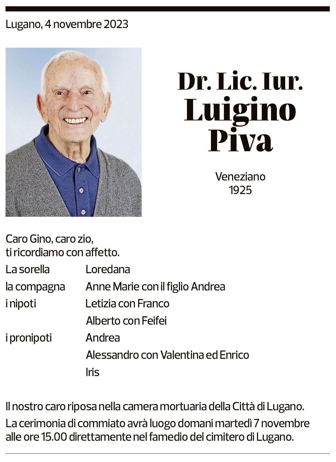 Annuncio funebre Luigino Piva