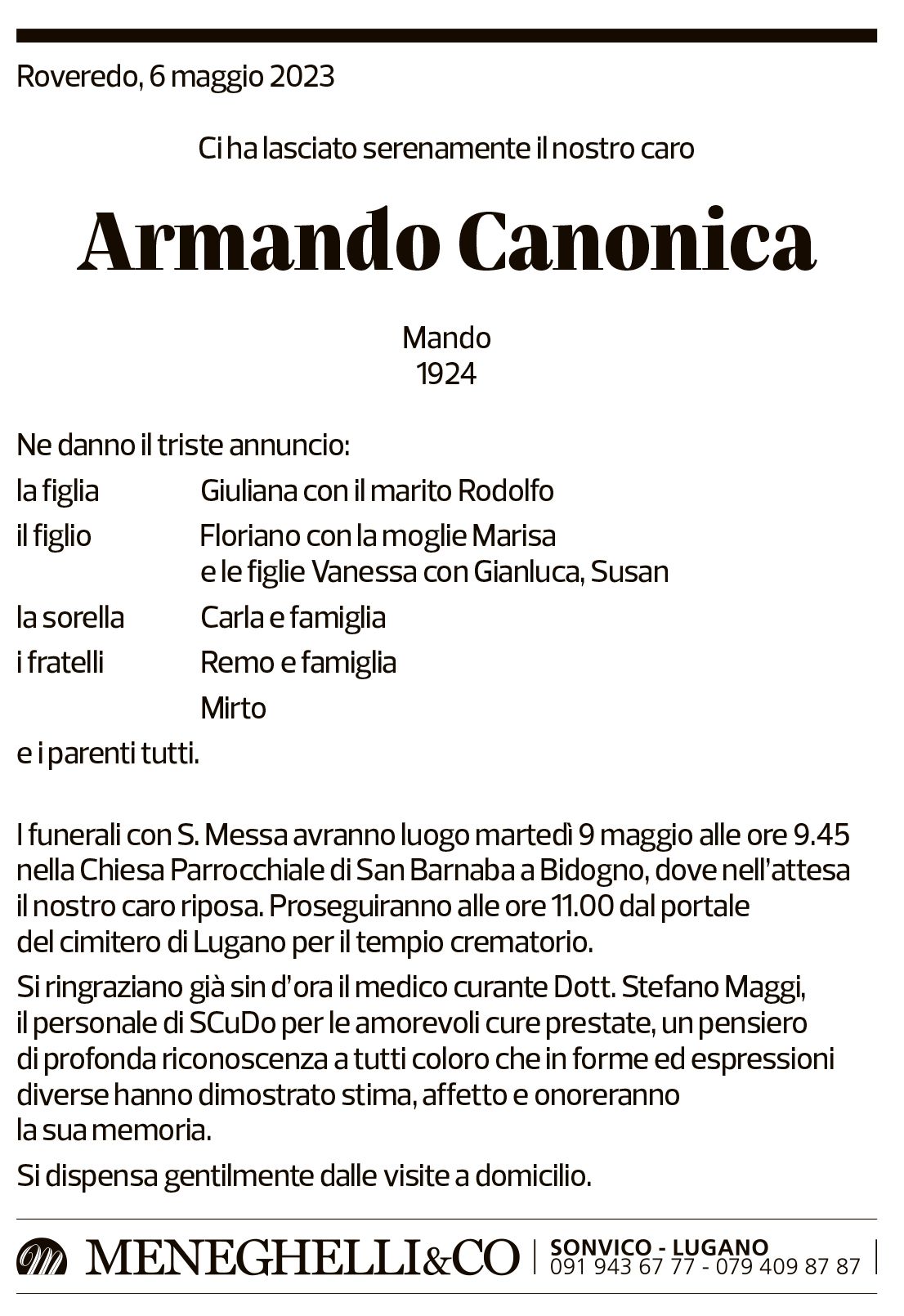 Annuncio funebre Armando Canonica