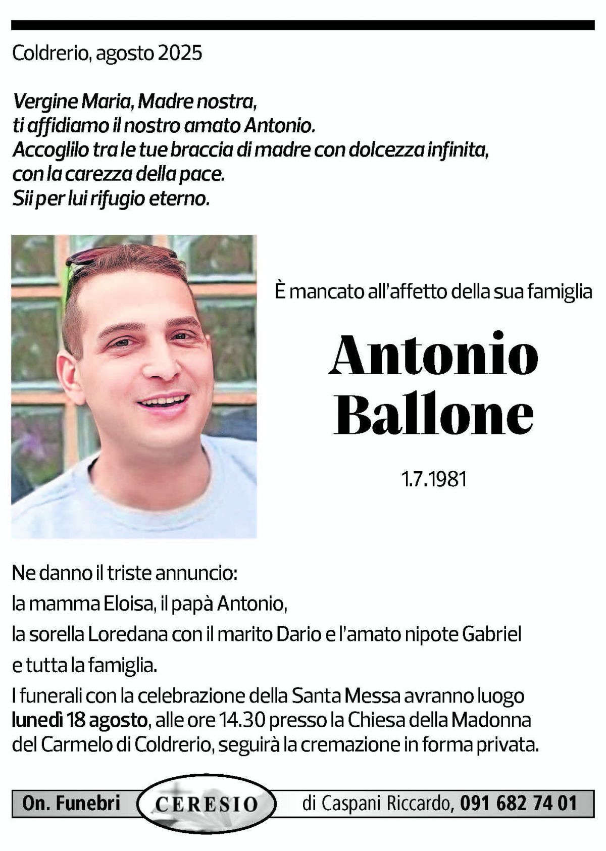 Annuncio funebre Antonio Ballone