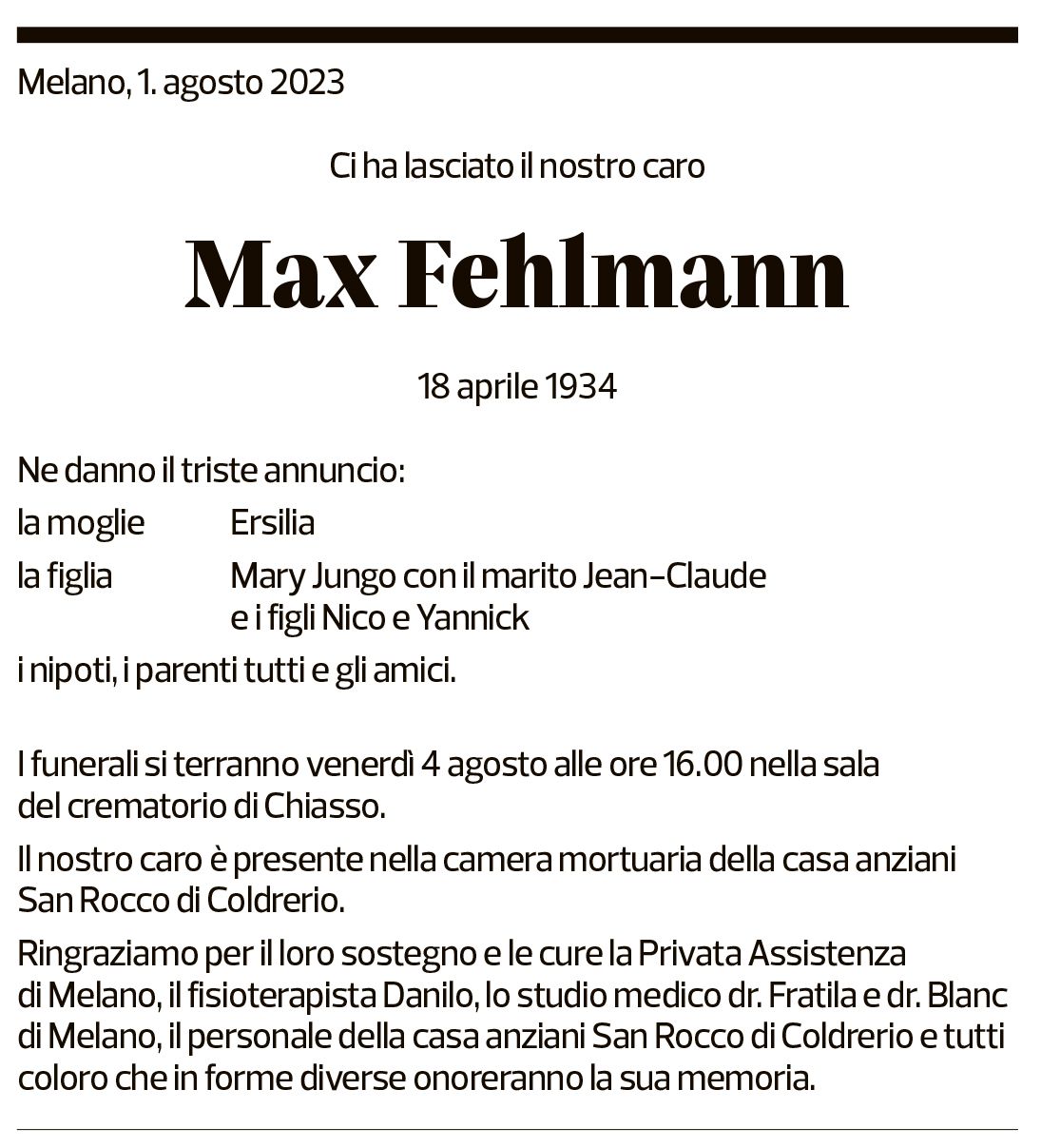 Annuncio funebre Max Fehlmann