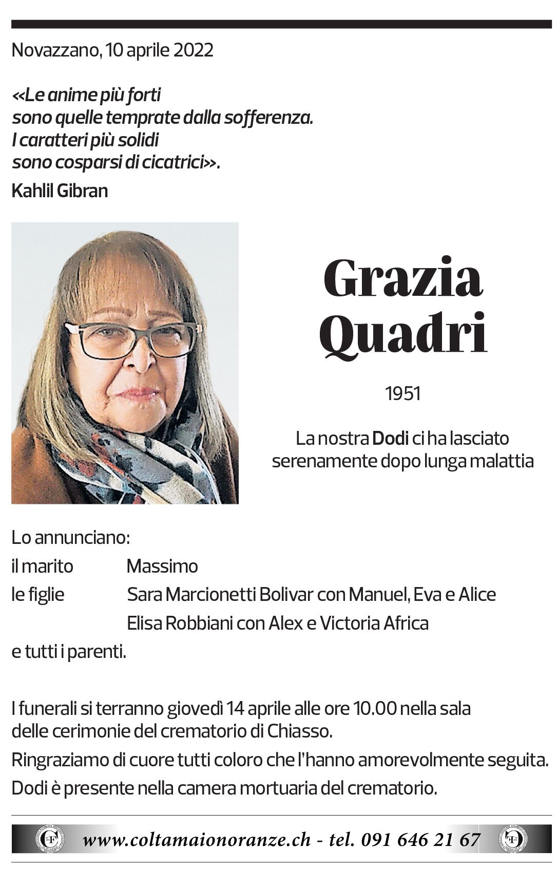 Annuncio funebre Grazia Quadri