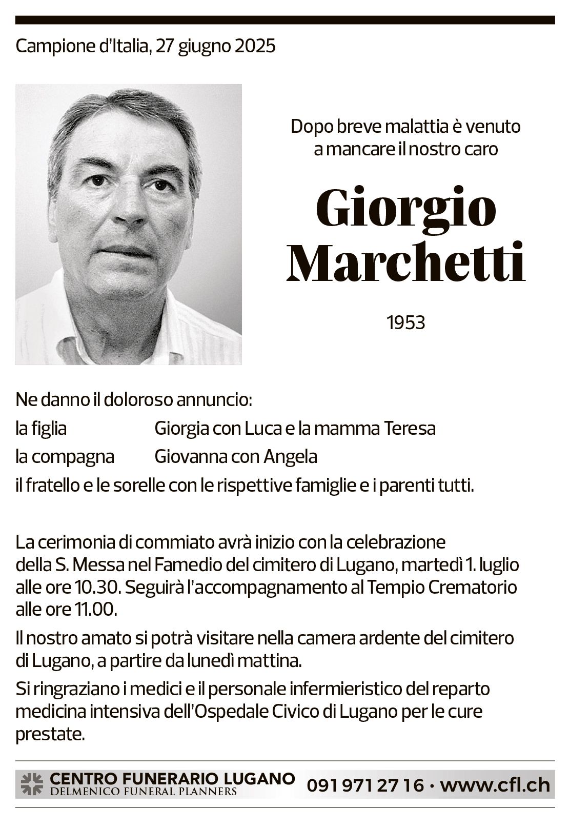 Annuncio funebre Giorgio Marchetti