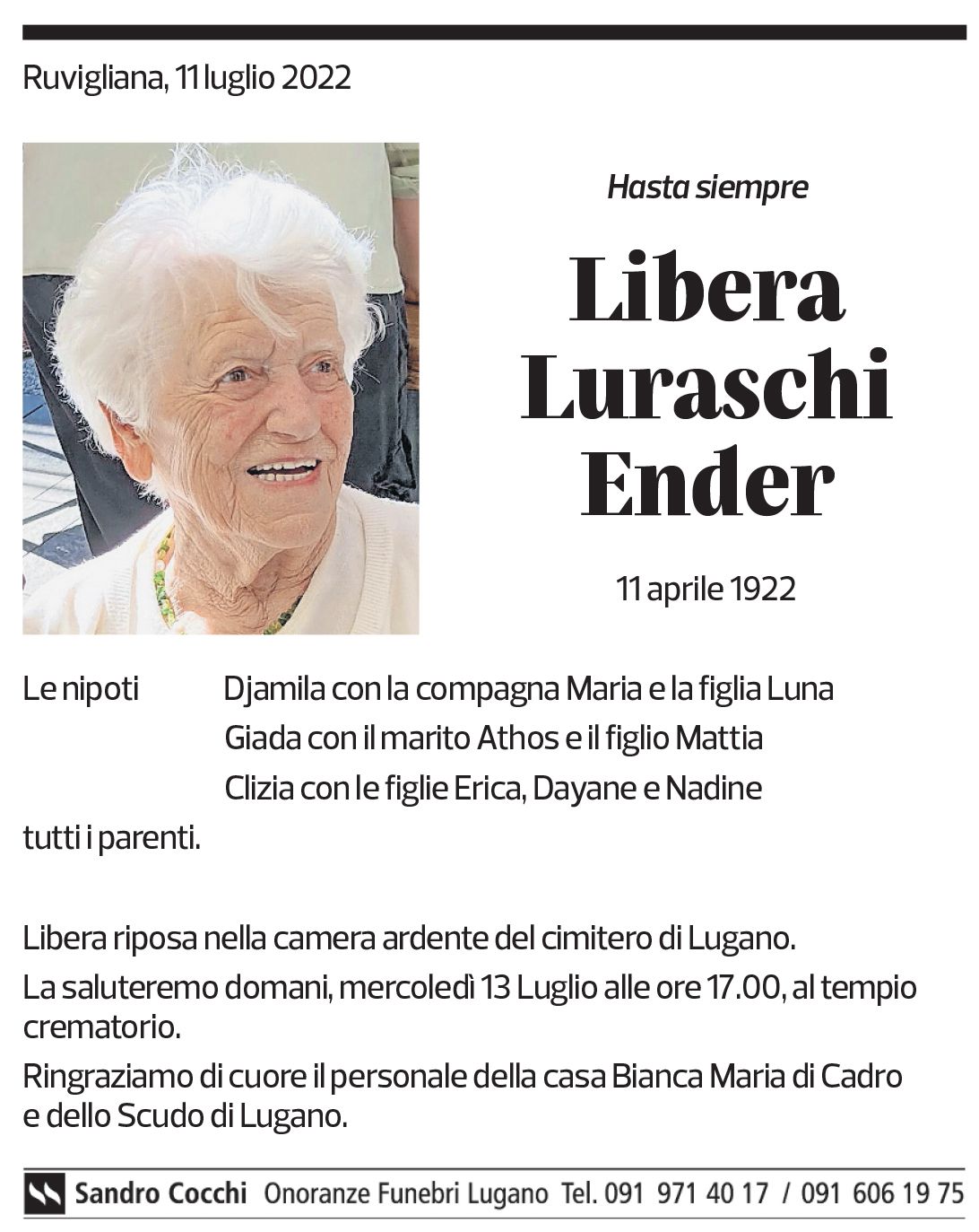 Annuncio funebre Libera Luraschi Ender