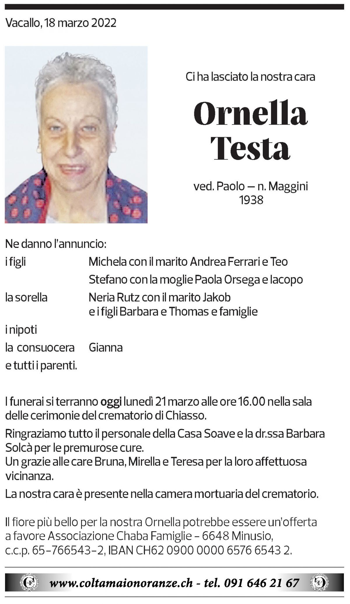 Annuncio funebre Ornella Testa