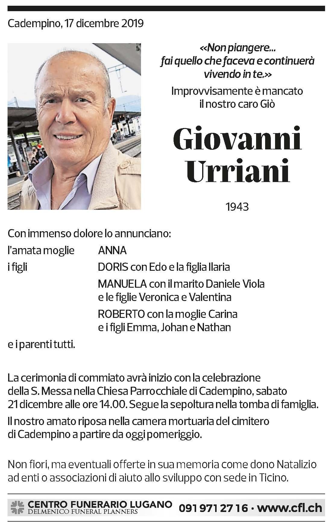 Annuncio funebre Giovanni Urriani