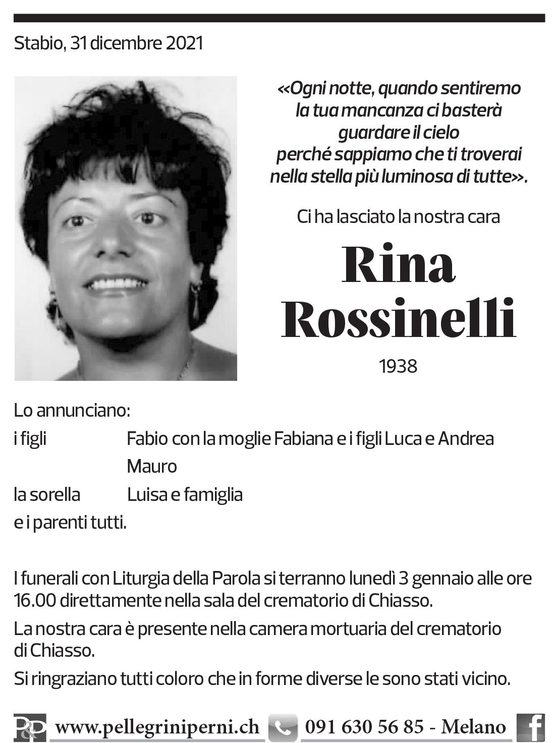 Annuncio funebre Rina Rossinelli