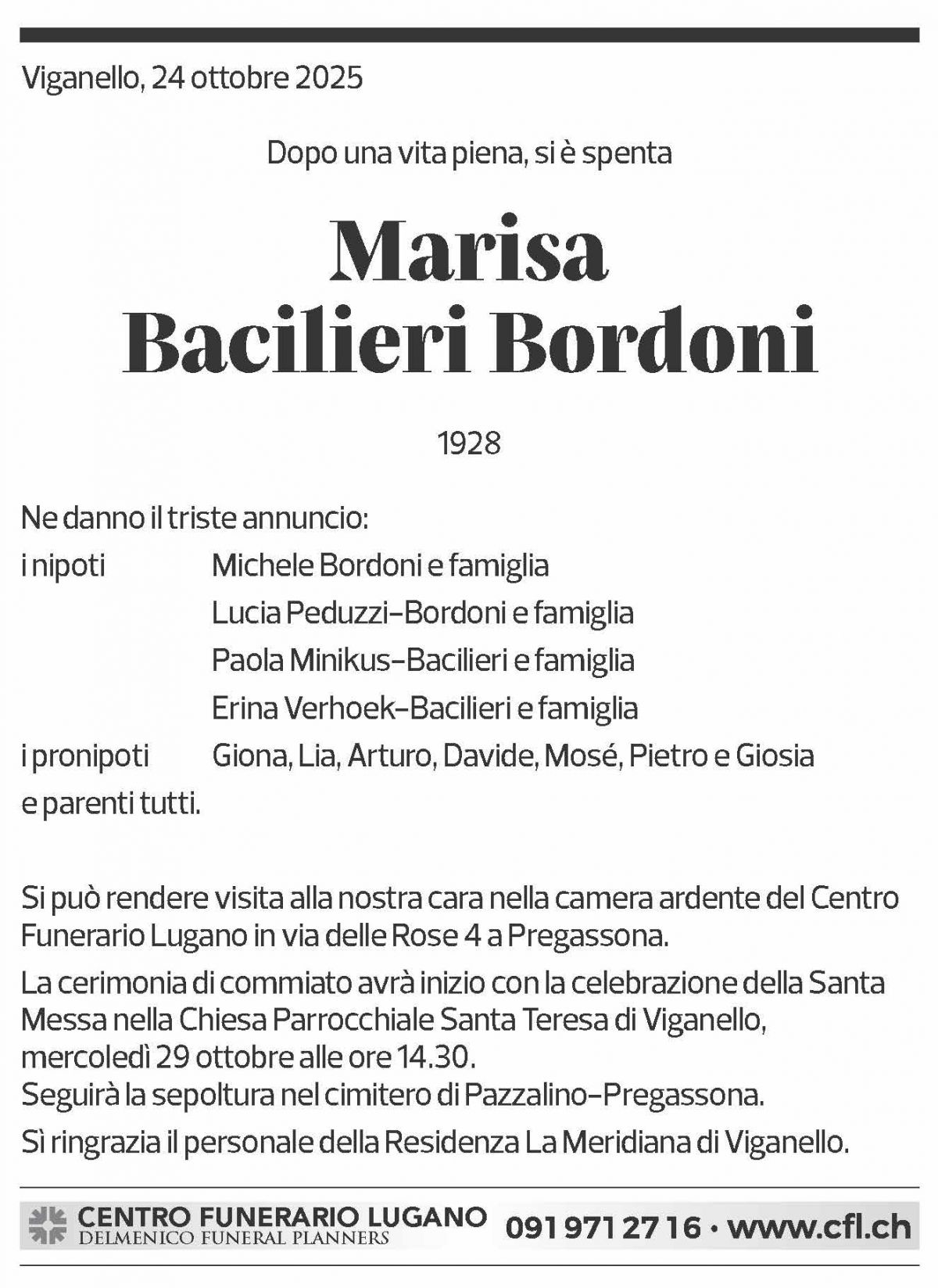 Annuncio funebre Marisa Bacilieri Bordoni