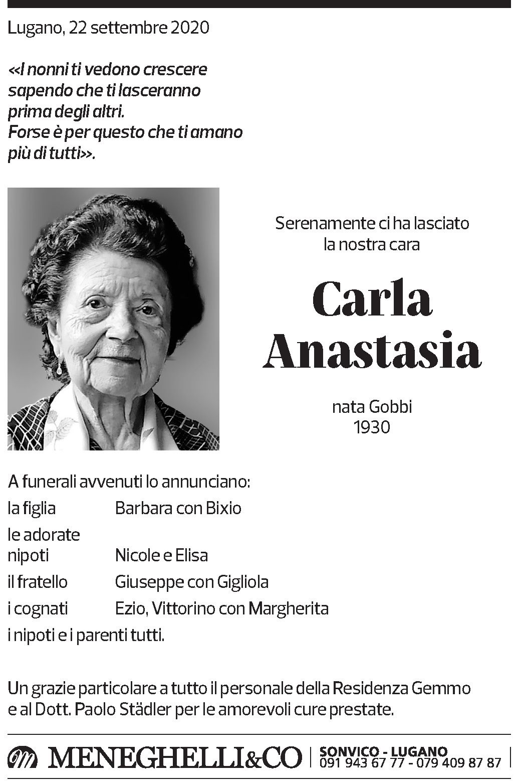 Annuncio funebre Carla Anastasia