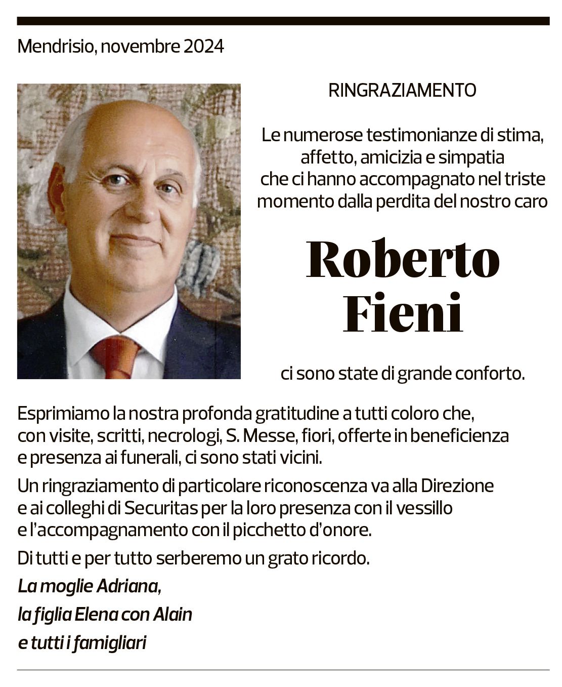 Annuncio funebre Roberto Fieni