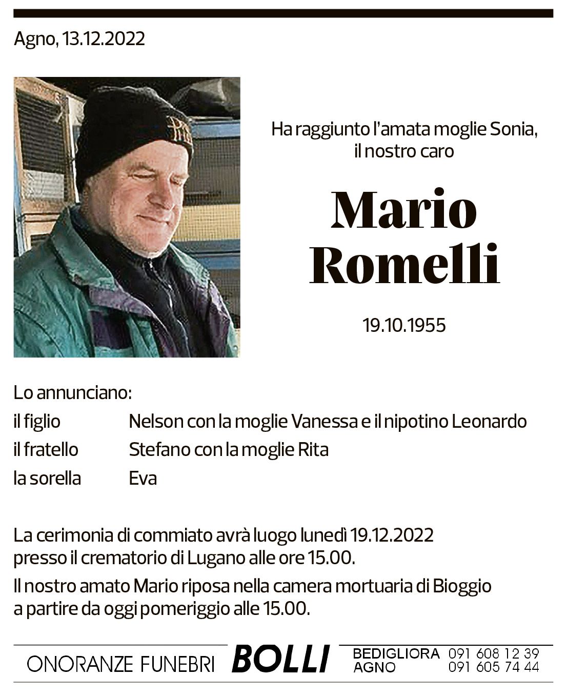 Annuncio funebre Mario Romelli