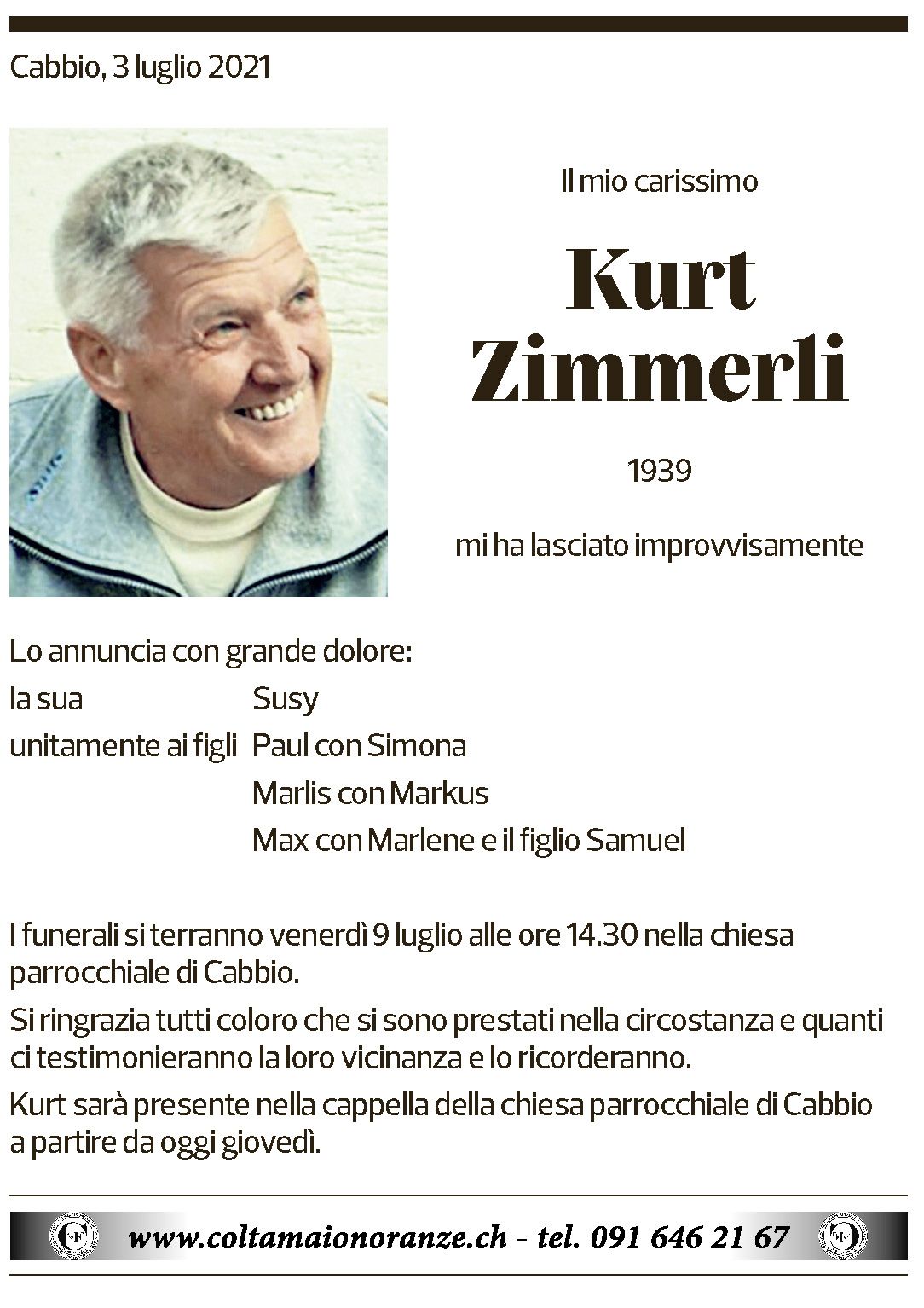 Annuncio funebre Kurt Zimmerli