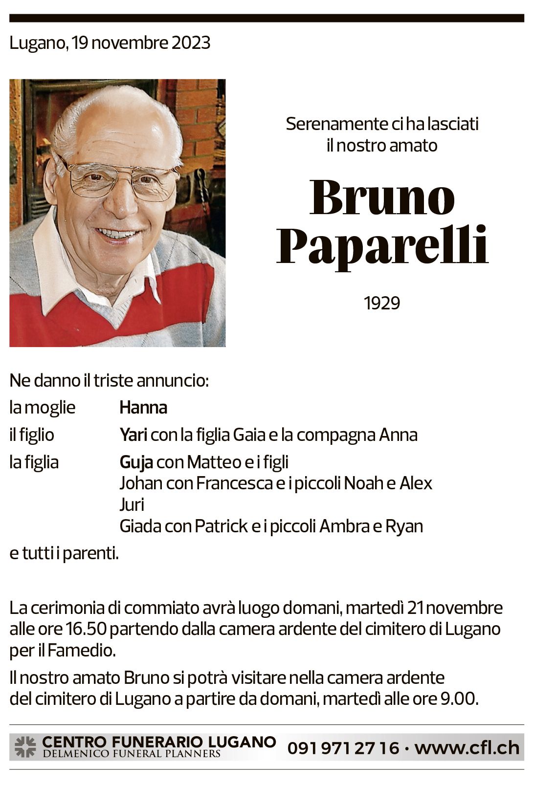 Annuncio funebre Bruno Paparelli