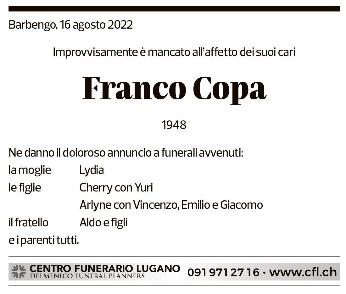 Annuncio funebre Franco Copa