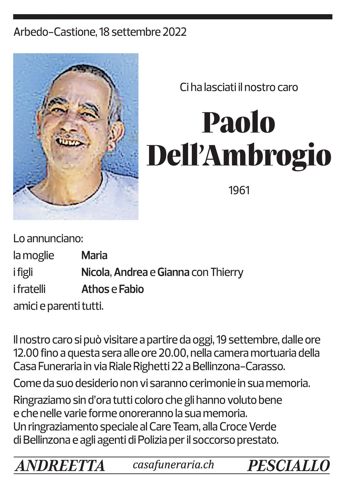 Annuncio funebre Paolo Dell'ambrogio