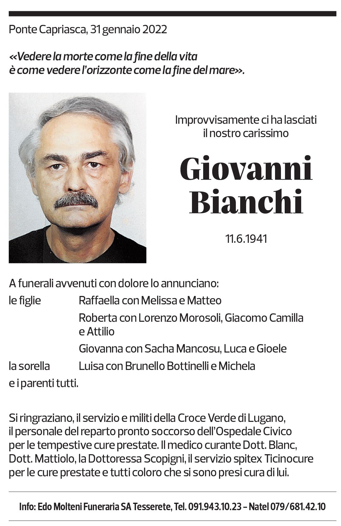 Annuncio funebre Giovanni Bianchi