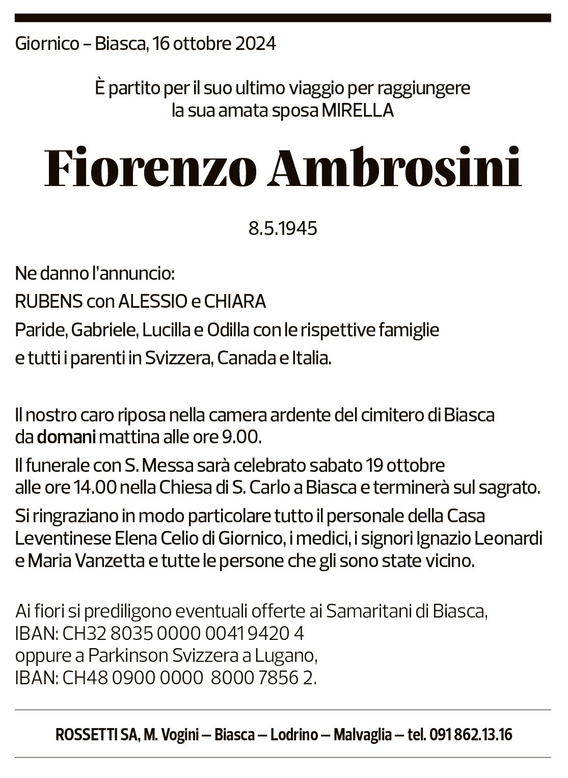 Annuncio funebre Fiorenzo Ambrosini