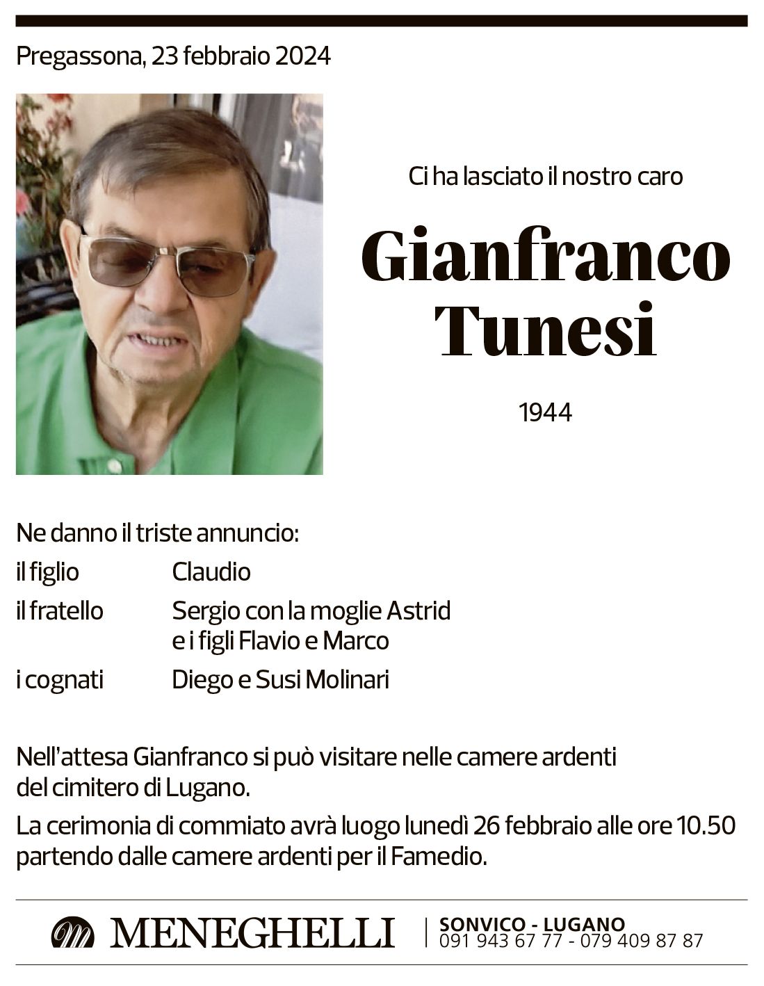 Annuncio funebre Gianfranco Tunesi