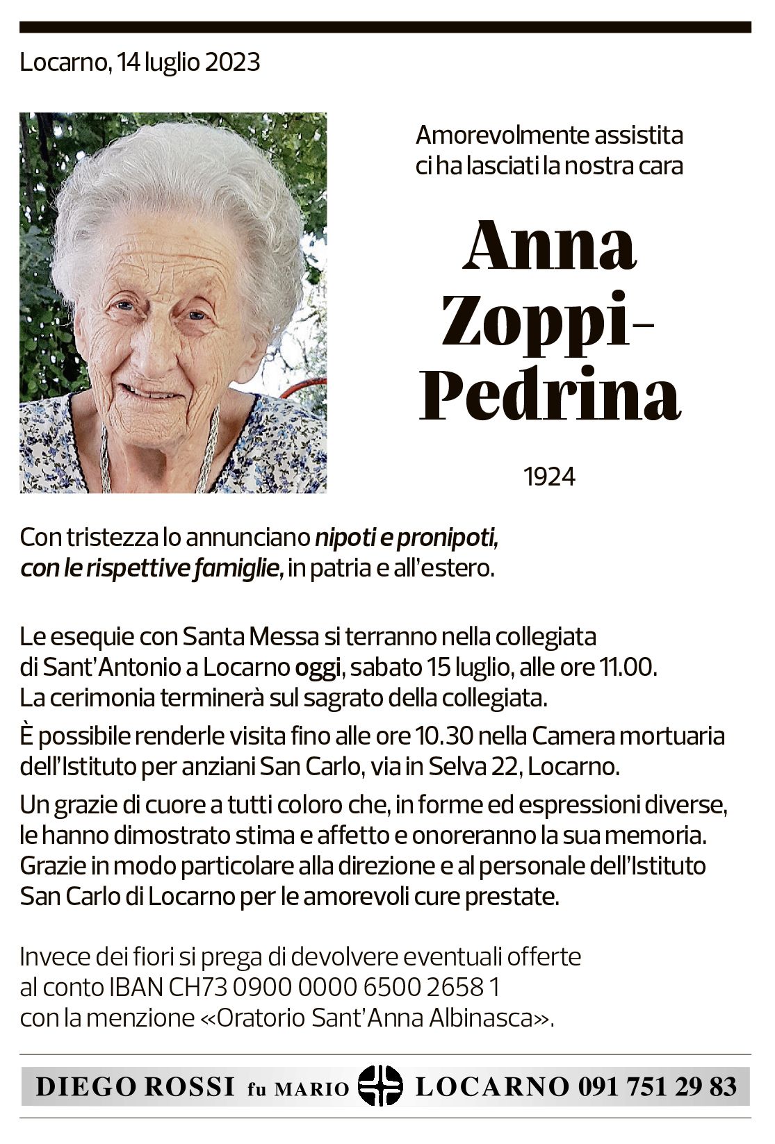 Annuncio funebre Anna Zoppi-pedrina