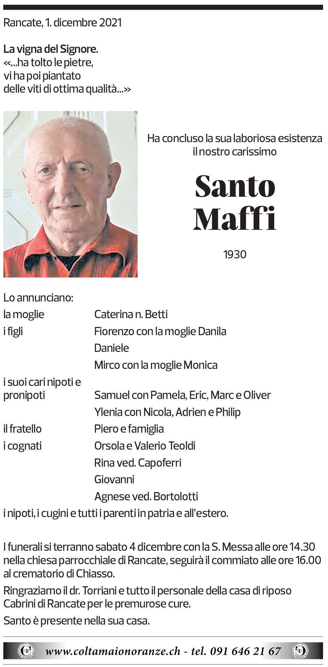 Annuncio funebre Santo Maffi