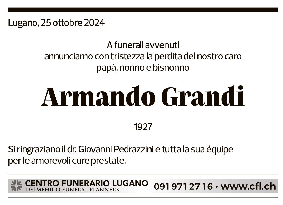 Annuncio funebre Armando Grandi