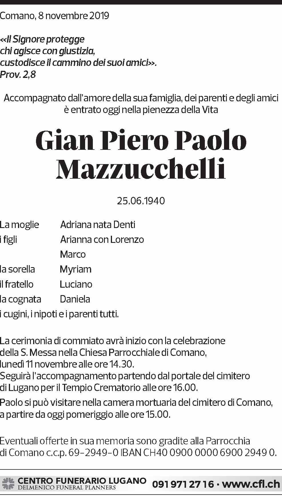 Annuncio funebre Gian Piero Paolo Mazzucchelli