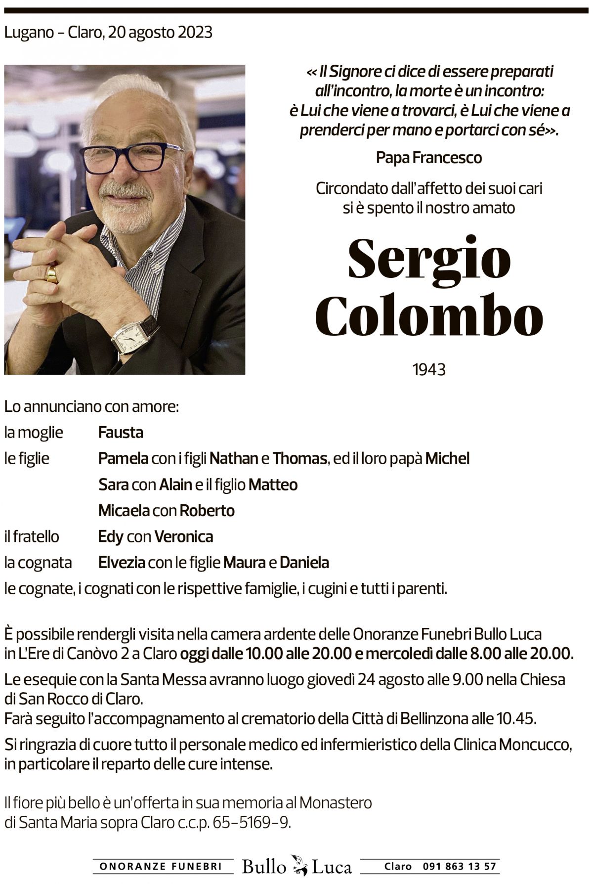 Annuncio funebre Sergio Colombo