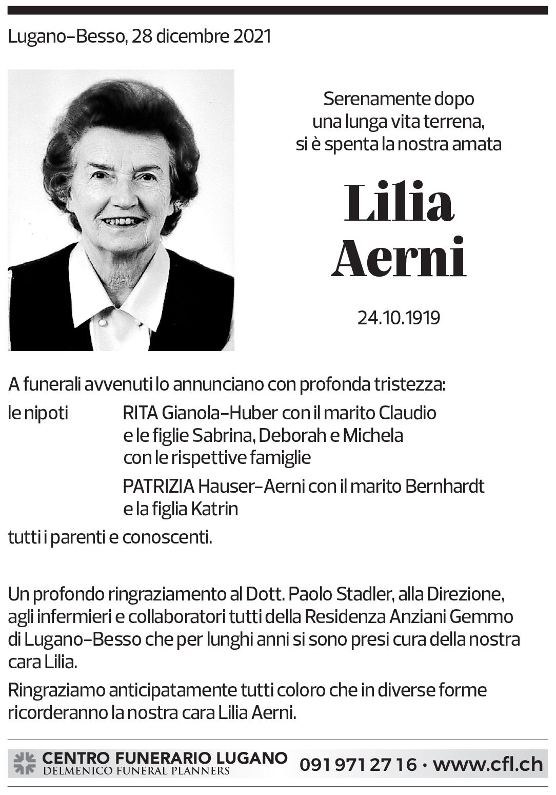 Annuncio funebre Lilia Aerni