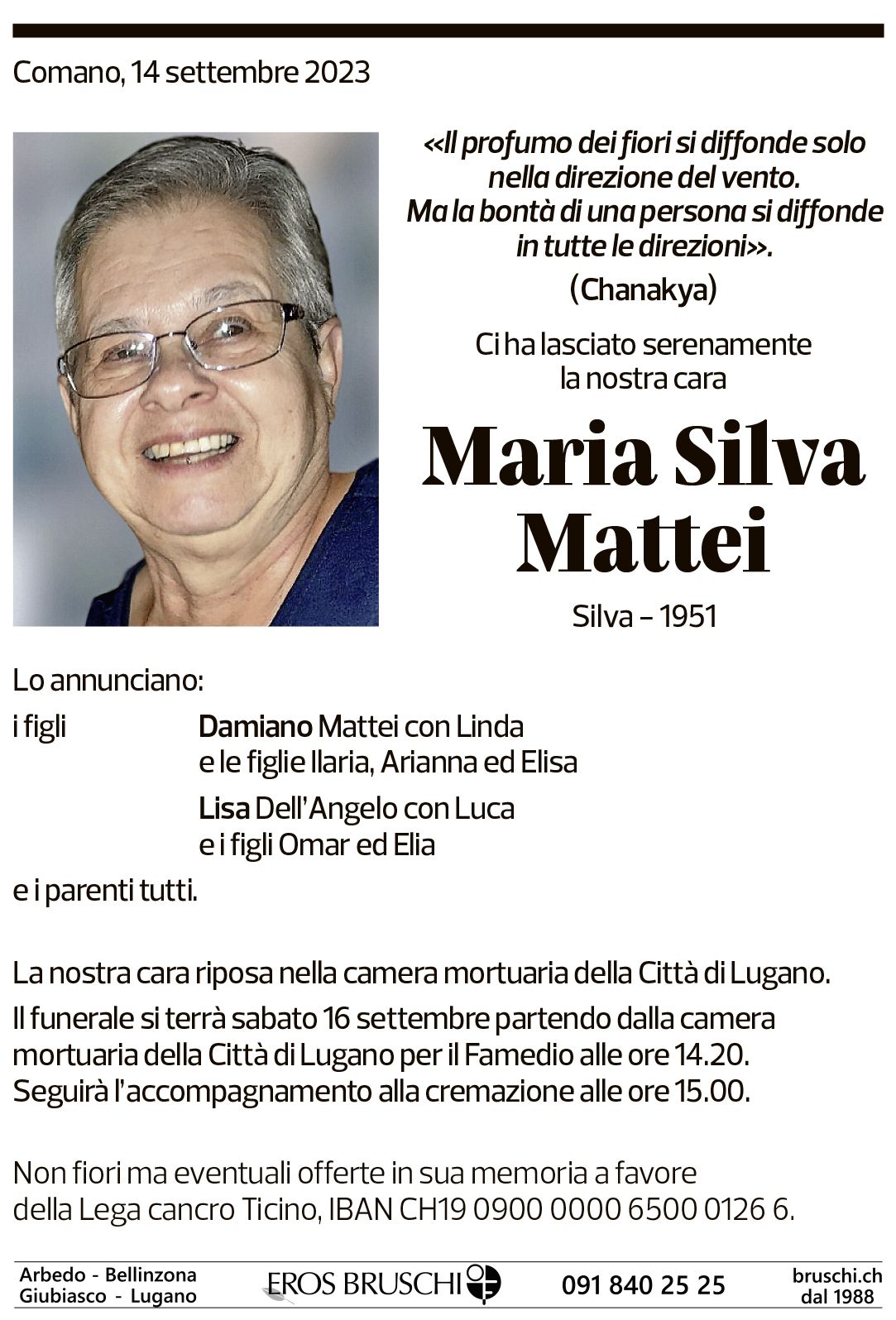 Annuncio funebre Maria Silva Mattei