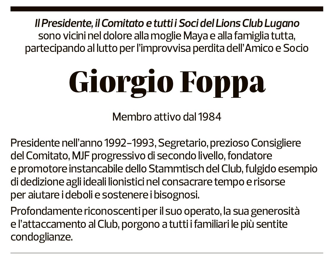 Annuncio funebre Giorgio Foppa