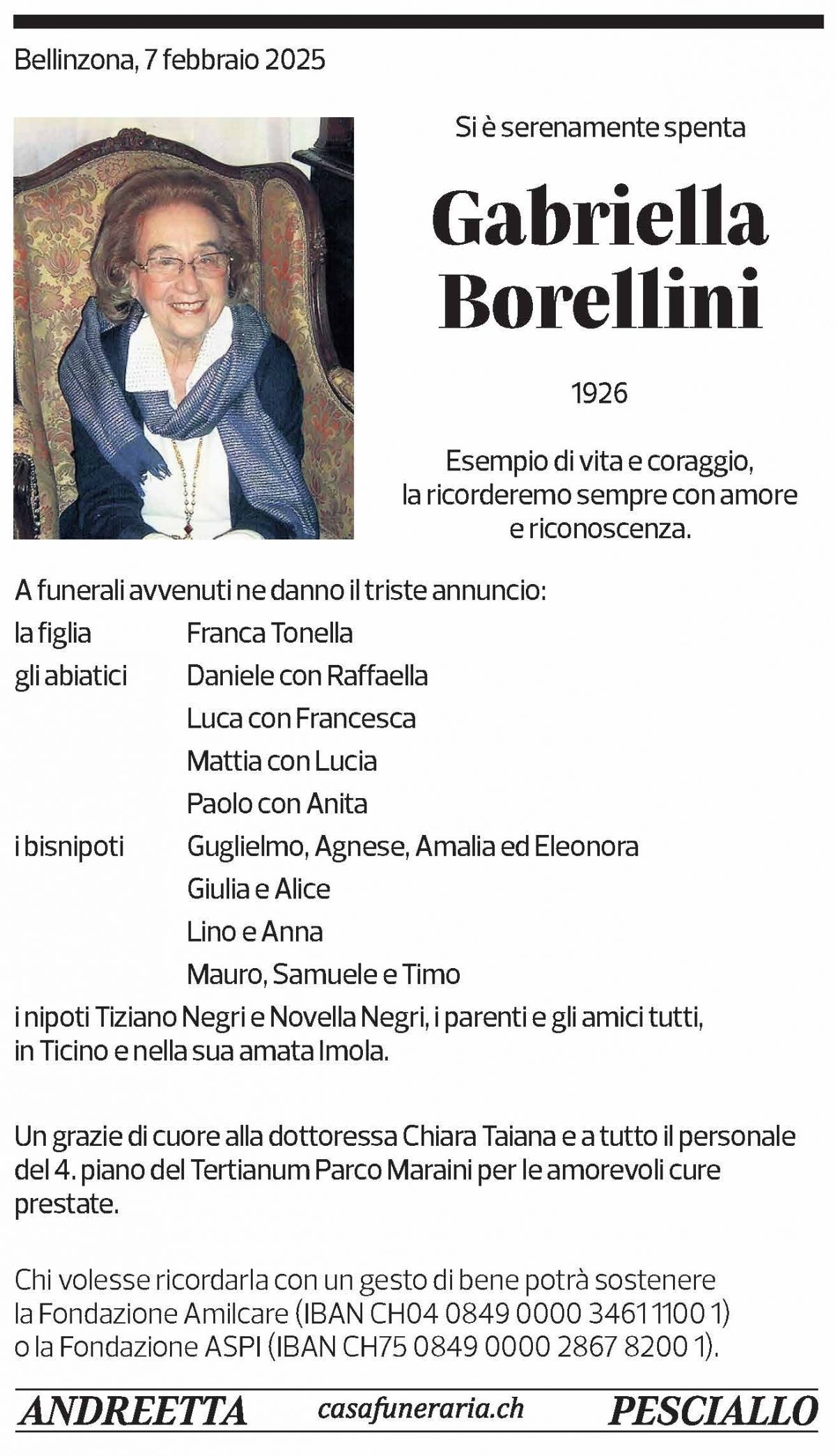 Annuncio funebre Gabriella Borellini