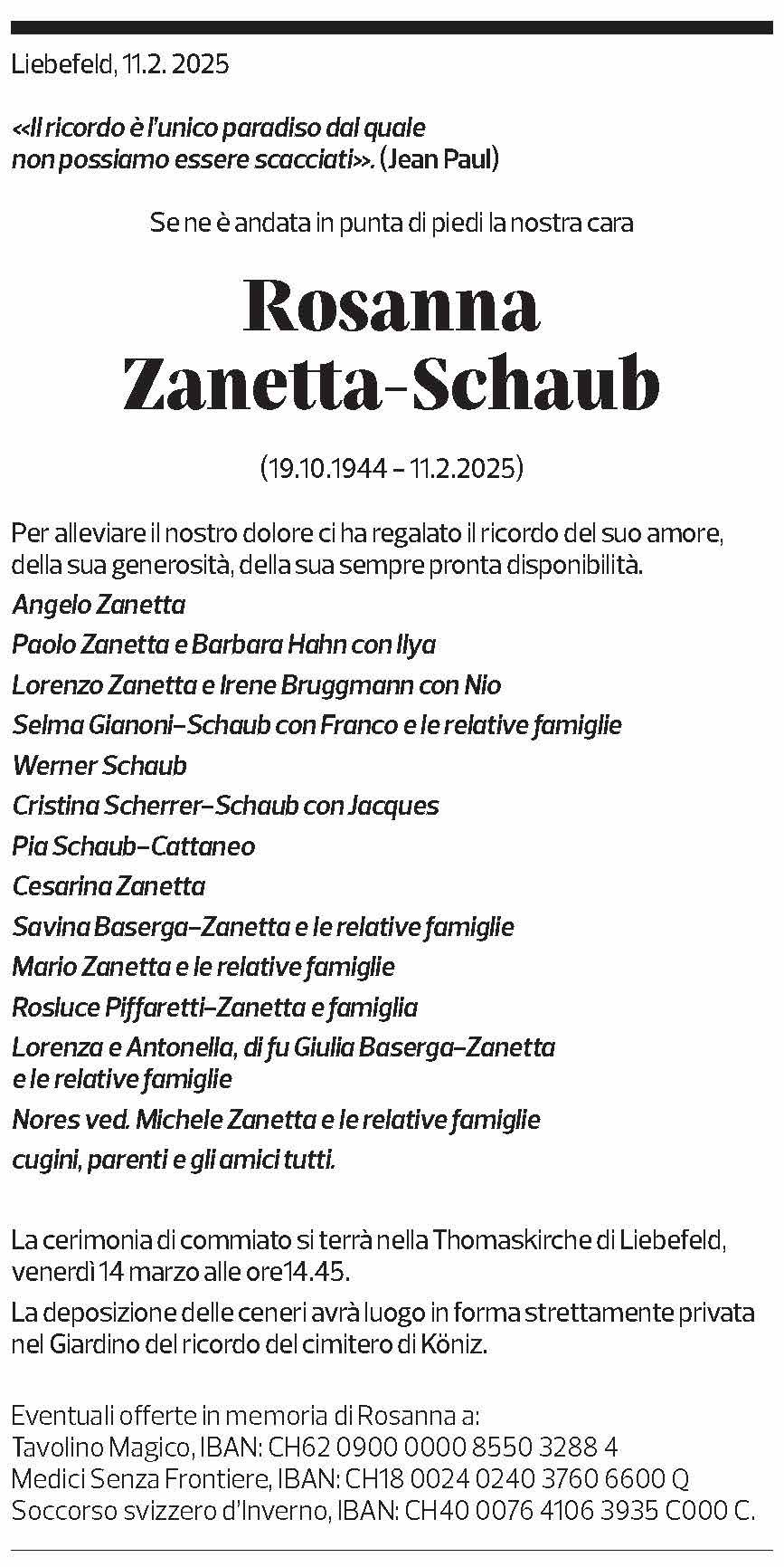 Annuncio funebre Rosanna Zanetta-schaub