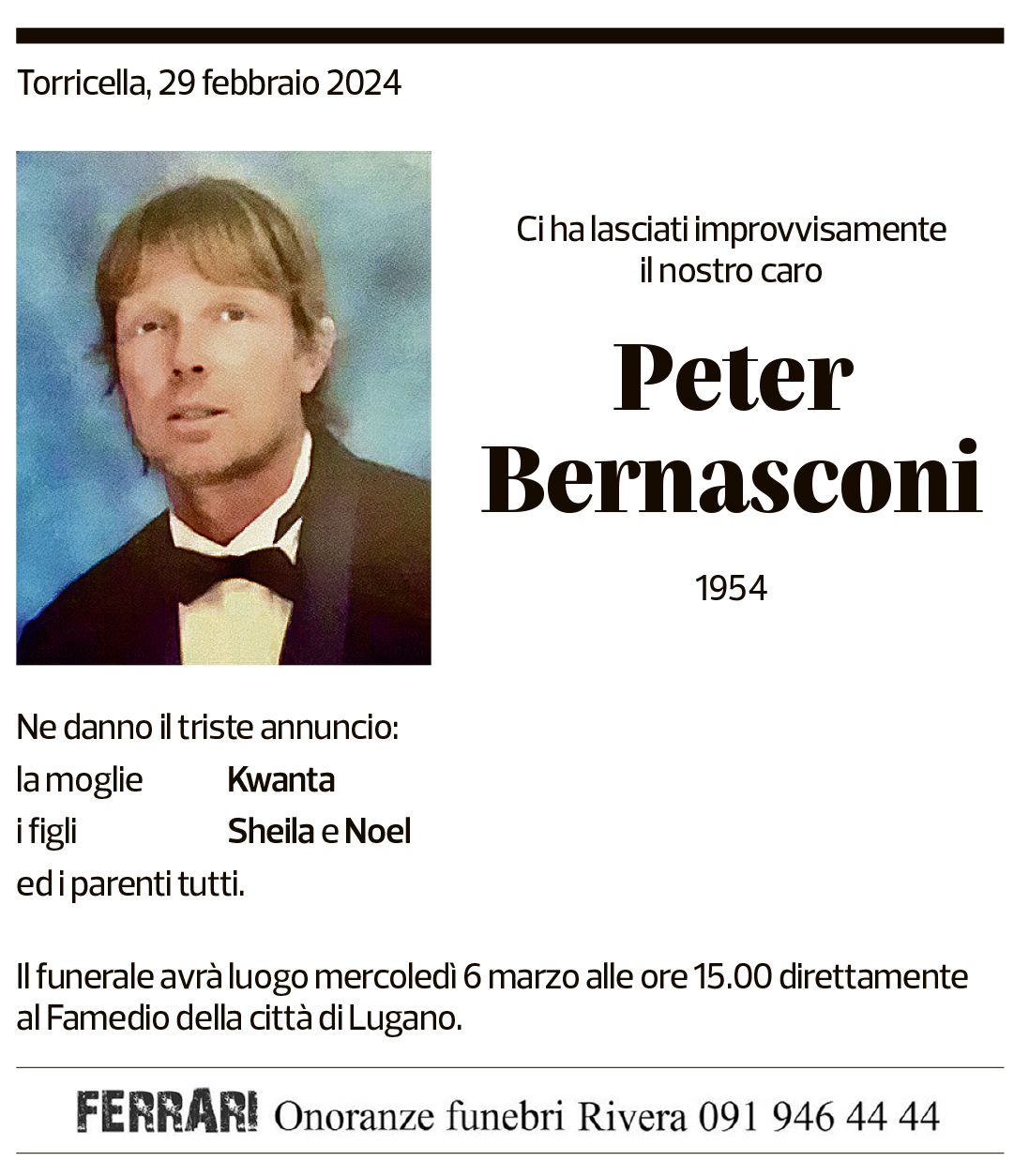 Annuncio funebre Peter Bernasconi