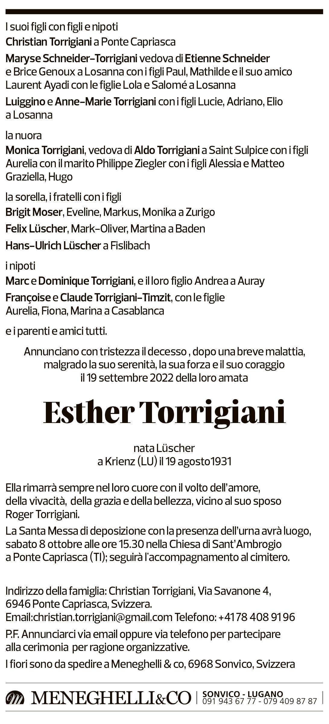 Annuncio funebre Esther Torrigiani