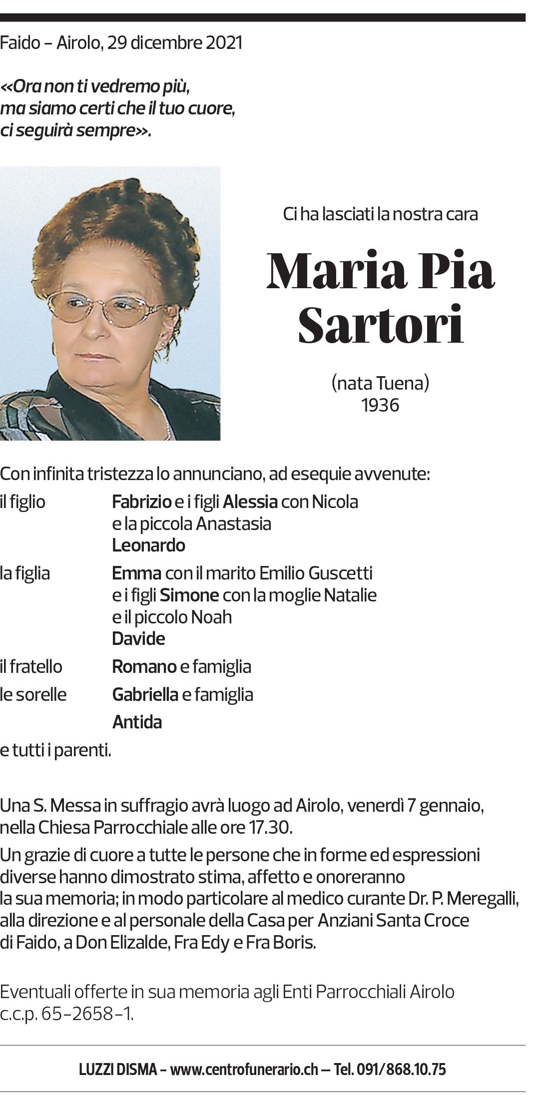 Annuncio funebre Maria Pia Sartori