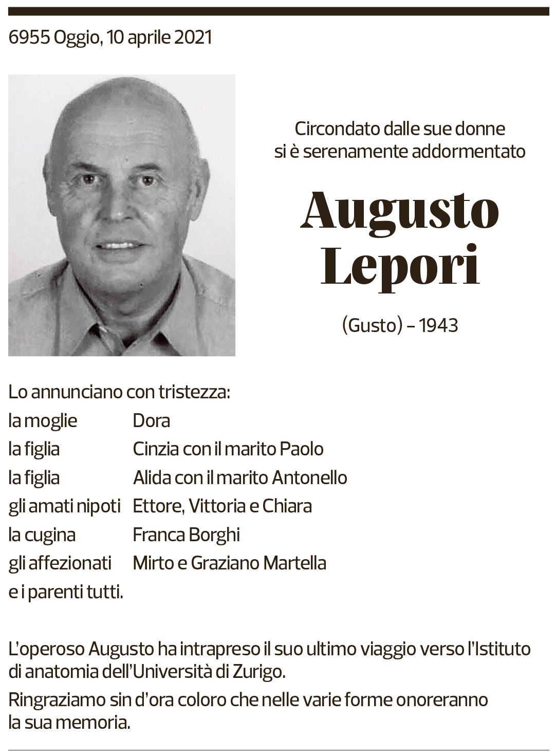 Annuncio funebre Augusto Lepori