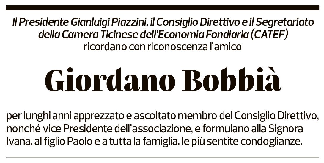 Annuncio funebre Giordano Bobbià