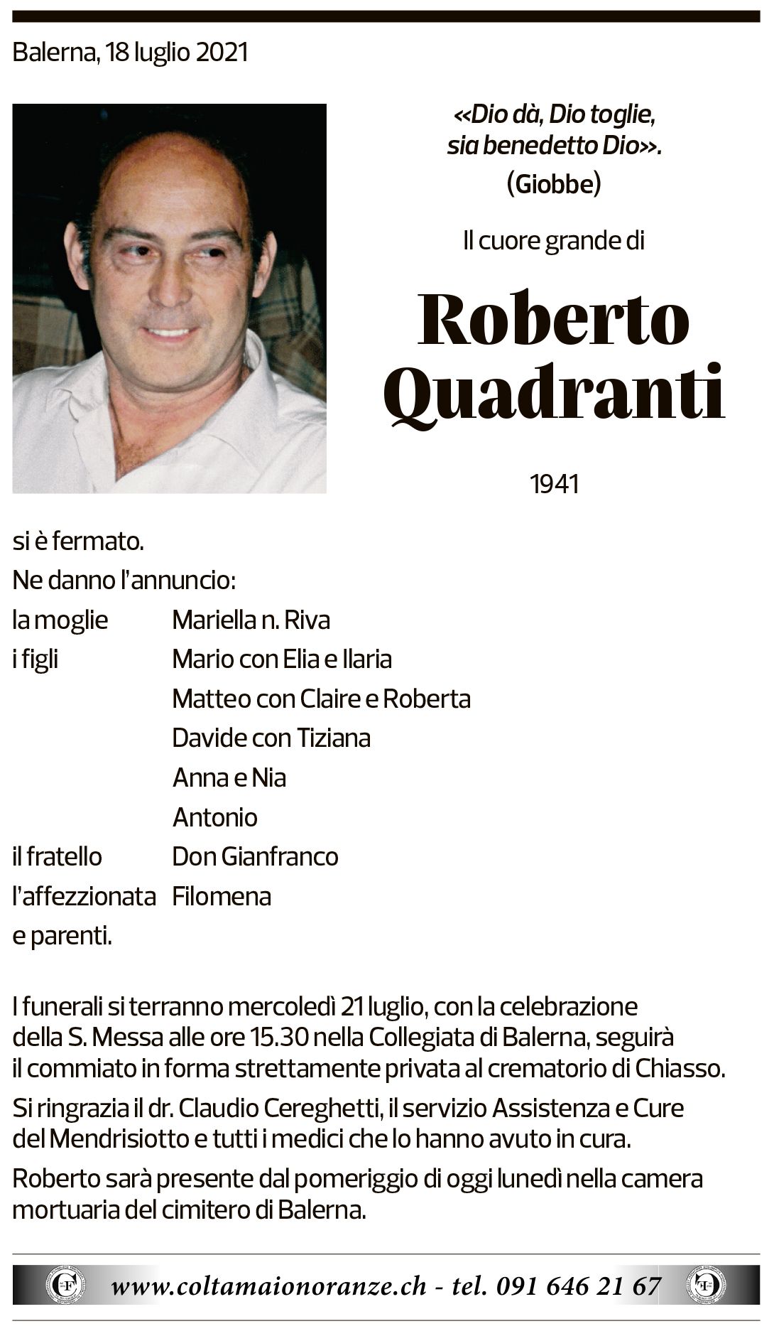 Annuncio funebre Roberto Quadranti