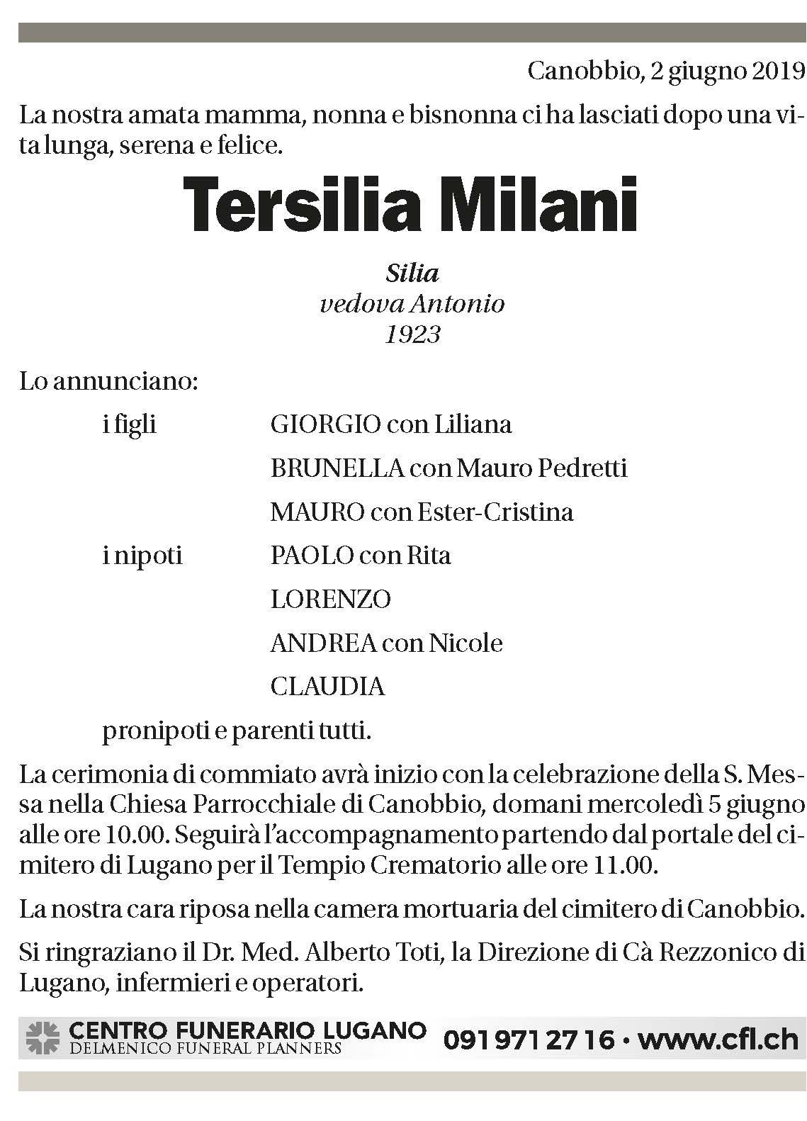 Annuncio funebre Tersilia Milani