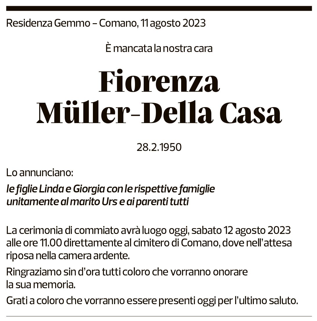 Annuncio funebre Fiorenza Müller-della Casa